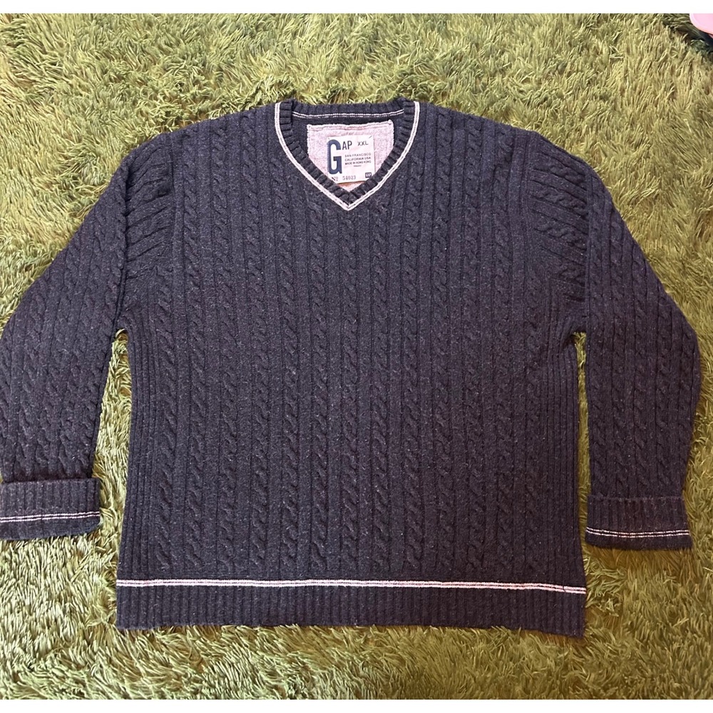 GAP Vintage Sweater Mens XXL Gray Cable Knit V-Neck Wool‎ Blend Preppy Classic